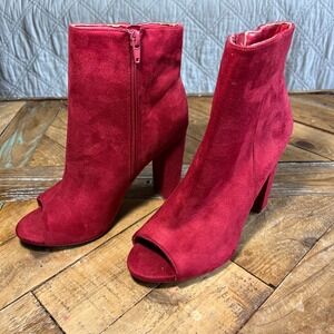 Red Peep Toe Ankle Boots‎ Wild Diva Size 8 Block Heel Booties Shoes